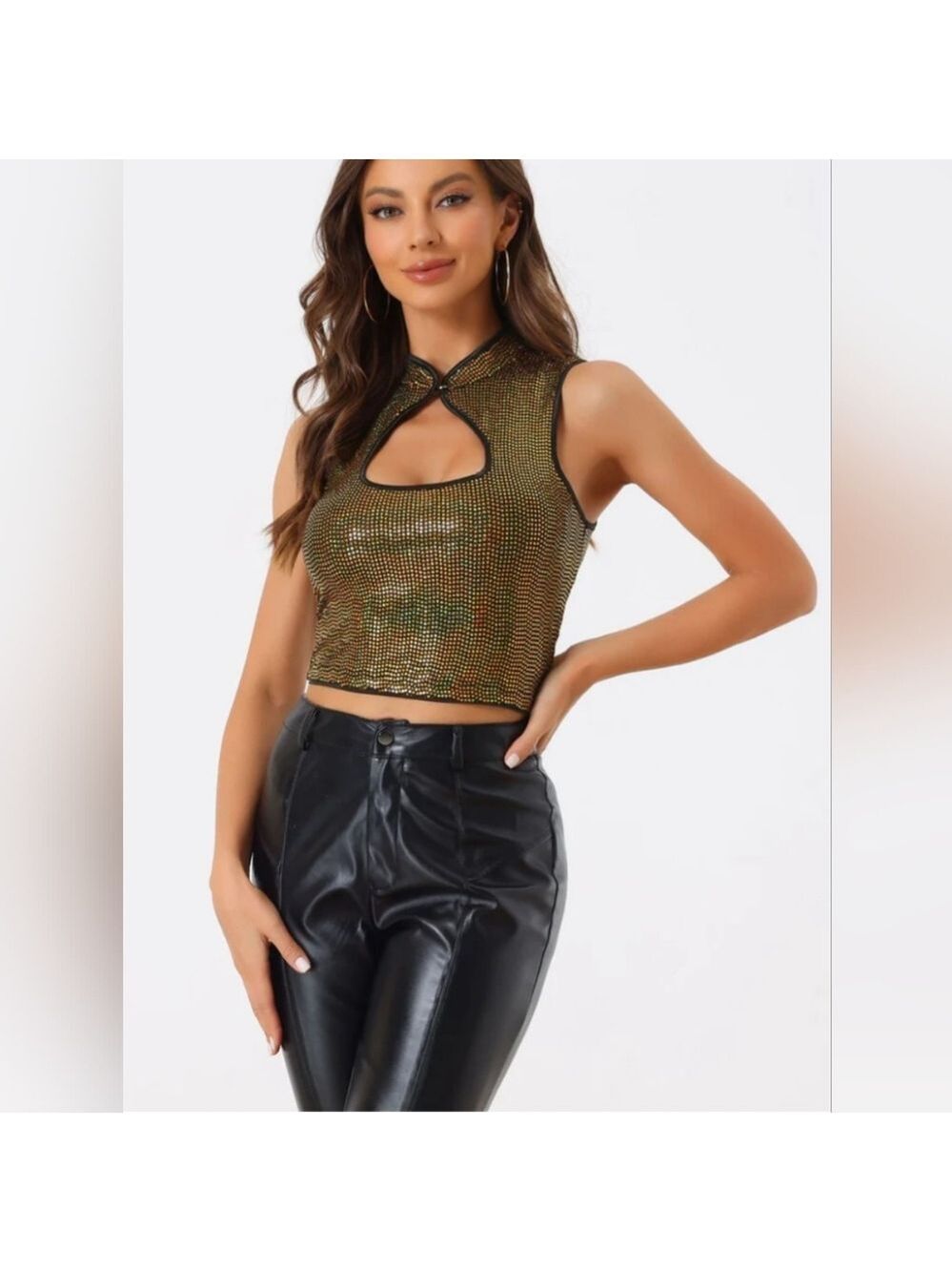 Allegra K - Sleeveless Cut Out Front Crop Tank - Slim Fitted -Sequins Top - NWOT